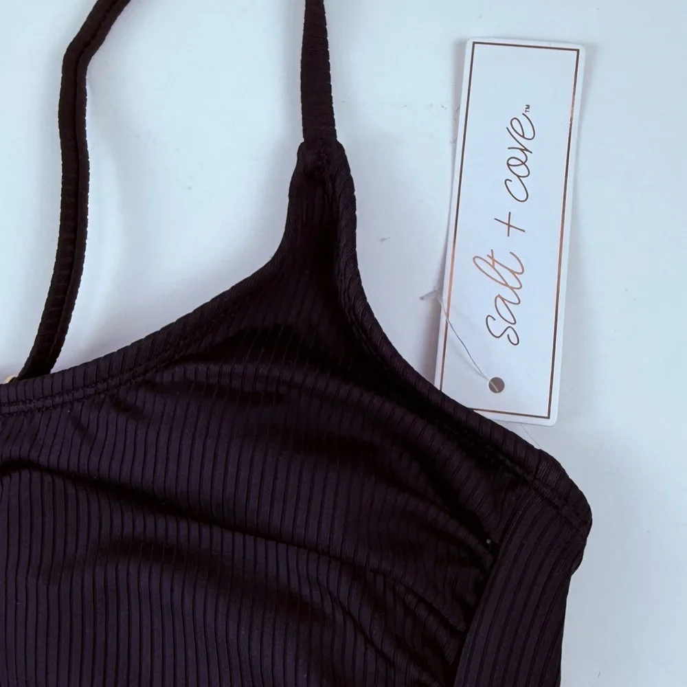 Salt + Cove Bikini Top Juniors Size Large Black Ribbed V Cut Front NWT